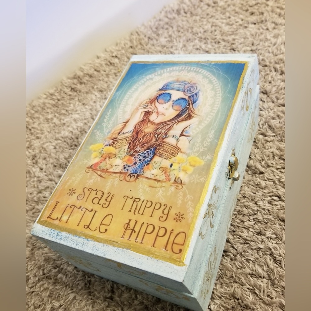 Stay Trippy hippie painted wooden Keepsake Stash Trinket box